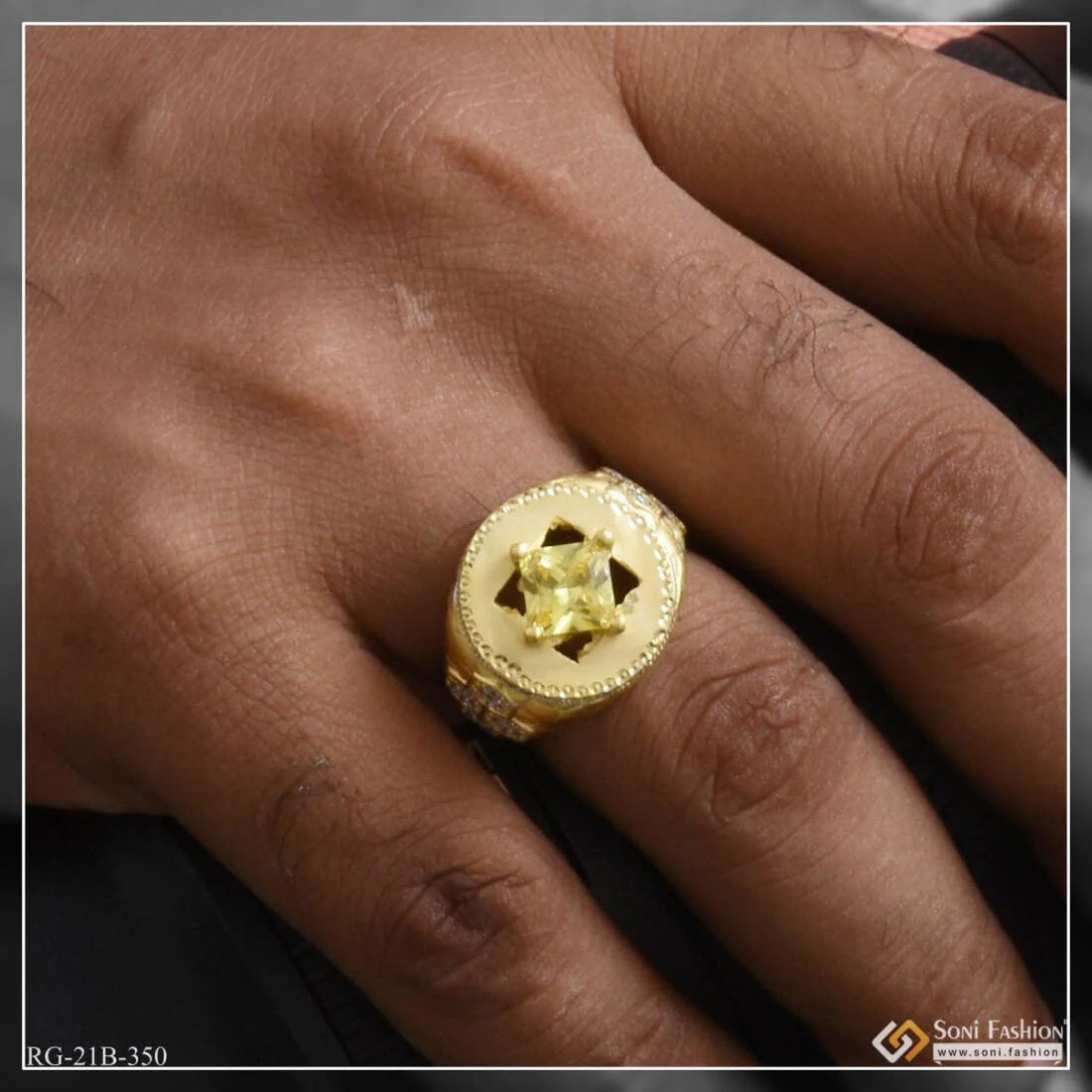 1 Gram Gold Plated Yellow Stone with Diamond Best Quality Ring for Men - Style B350 - Image 2