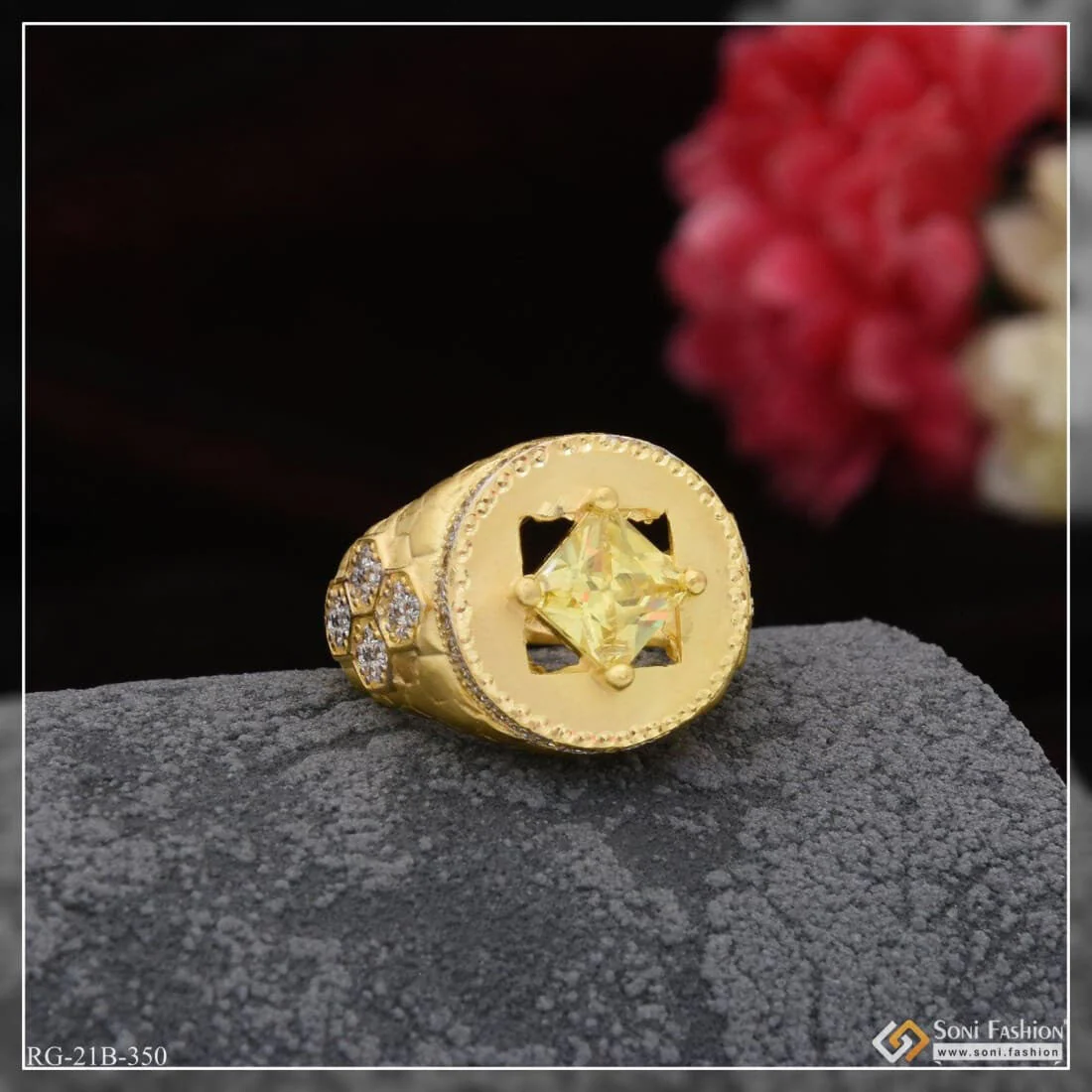1 Gram Gold Plated Yellow Stone with Diamond Best Quality Ring for Men - Style B350 - Image 3