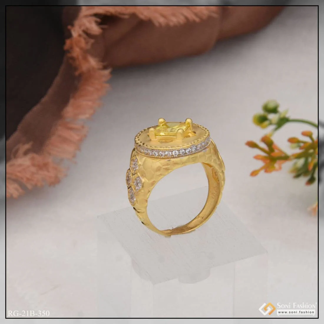 1 Gram Gold Plated Yellow Stone with Diamond Best Quality Ring for Men - Style B350 - Image 4