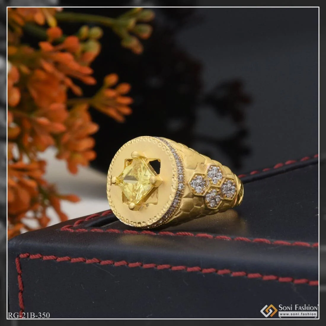 1 Gram Gold Plated Yellow Stone with Diamond Best Quality Ring for Men - Style B350 - Image 5