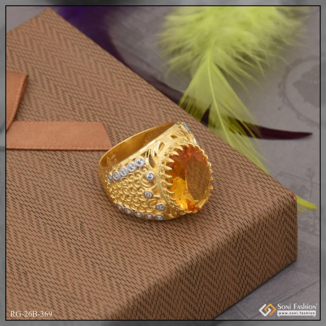 1 Gram Gold Plated Yellow Stone With Diamond Best Quality Ring For Men - Style B369 - Image 2