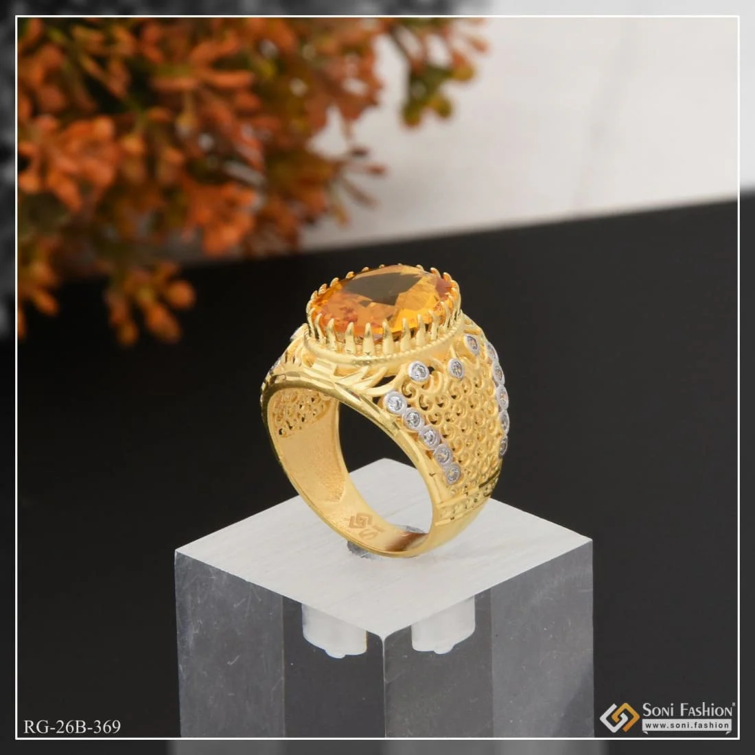 1 Gram Gold Plated Yellow Stone With Diamond Best Quality Ring For Men - Style B369 - Image 3