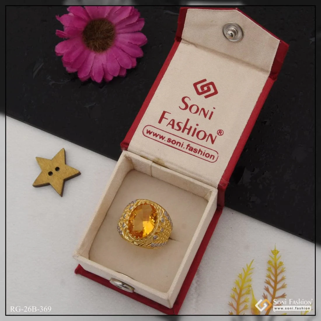 1 Gram Gold Plated Yellow Stone With Diamond Best Quality Ring For Men - Style B369 - Image 4