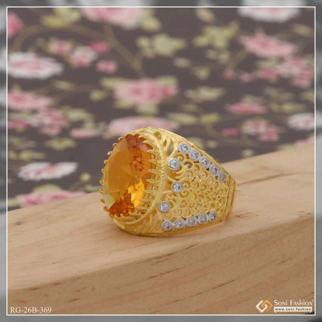 1 Gram Gold Plated Yellow Stone With Diamond Best Quality Ring For Men - Style B369 - Image 5