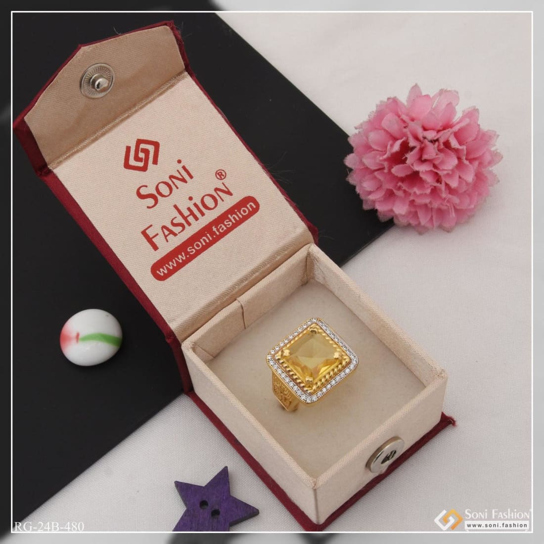 1 Gram Gold Plated Yellow Stone with Diamond Best Quality Ring for Men - Style B480 - Image 2