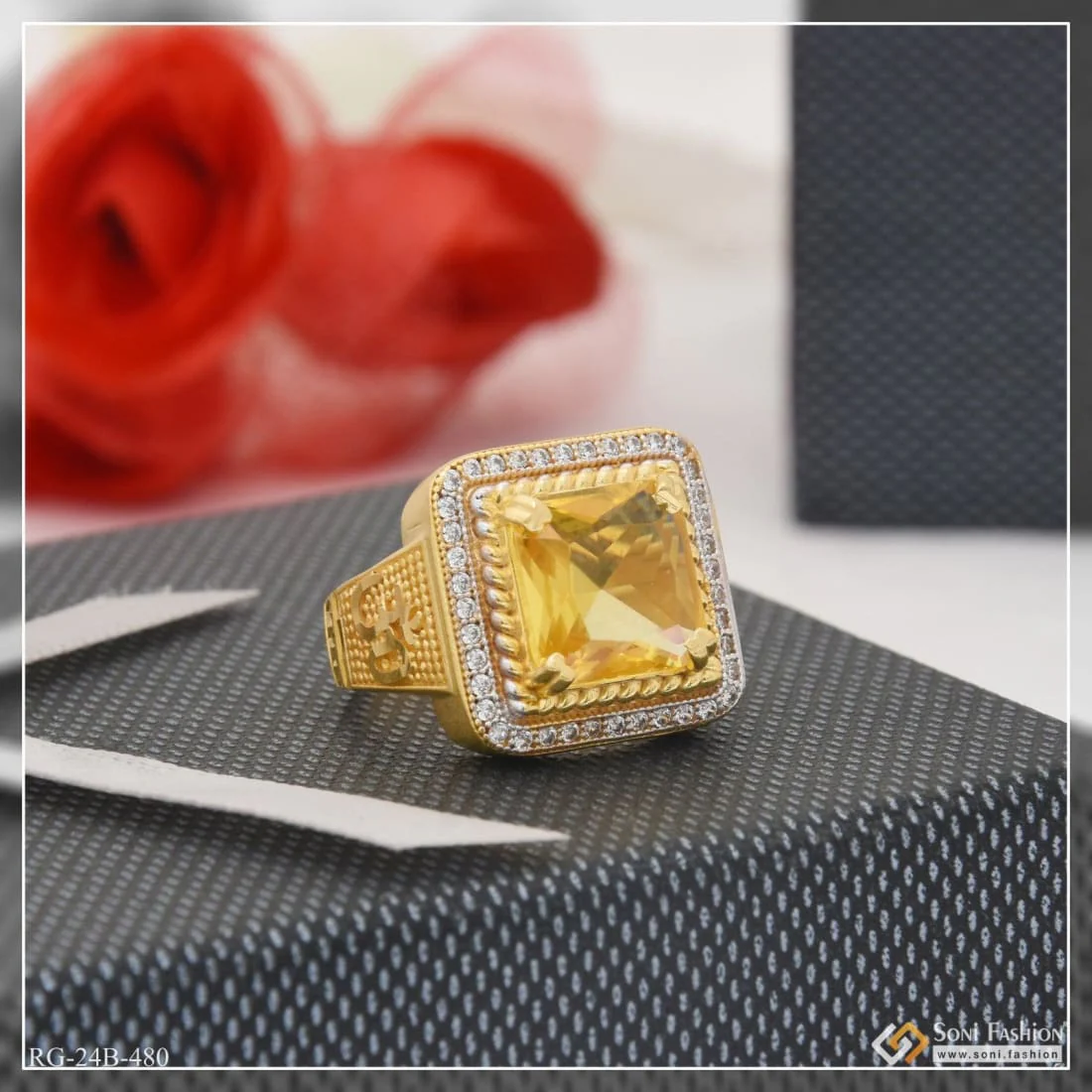 1 Gram Gold Plated Yellow Stone with Diamond Best Quality Ring for Men - Style B480 - Image 3