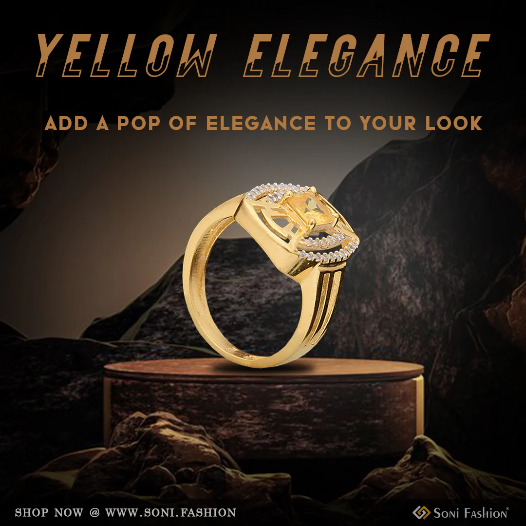 1 Gram Gold Plated Yellow Stone With Diamond Designer Ring For Ladies - Style Lrg-084