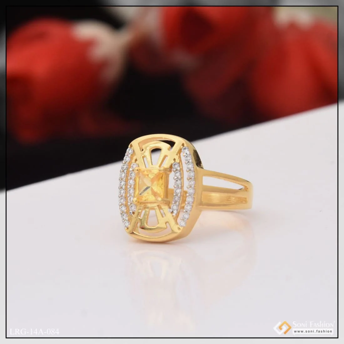 1 Gram Gold Plated Yellow Stone With Diamond Designer Ring For Ladies - Style Lrg-084 - Image 3