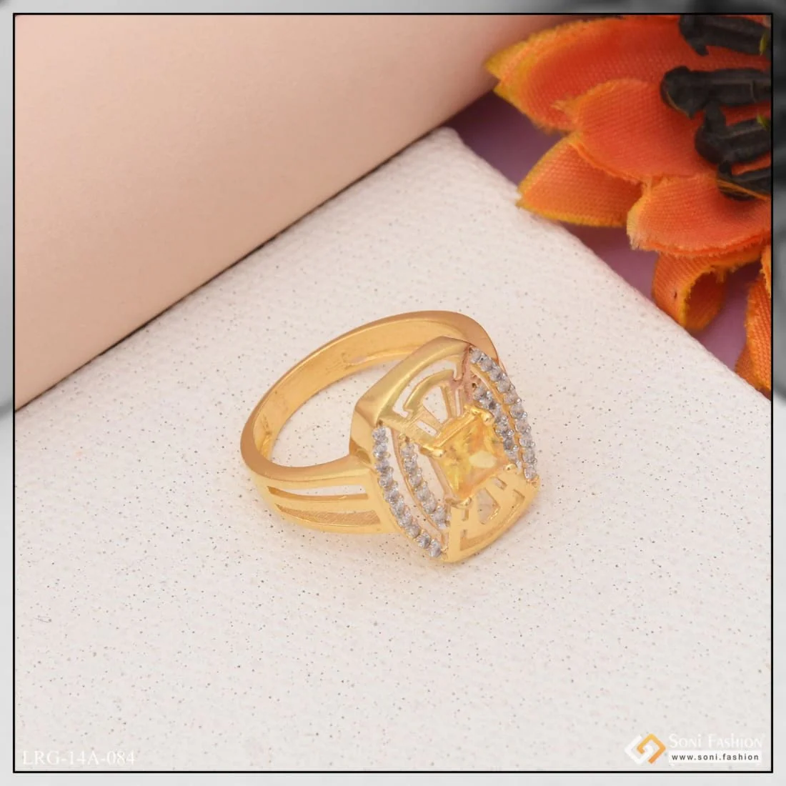1 Gram Gold Plated Yellow Stone With Diamond Designer Ring For Ladies - Style Lrg-084 - Image 5