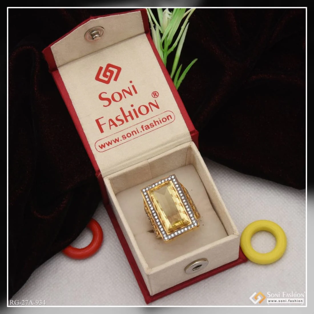 1 Gram Gold Plated Yellow Stone with Diamond Fashionable Design Ring - Style A934 - Image 3