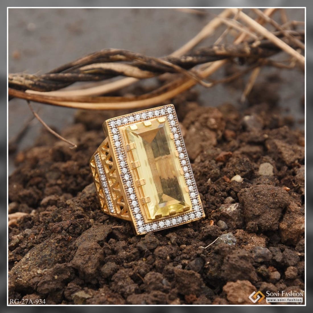 1 Gram Gold Plated Yellow Stone with Diamond Fashionable Design Ring - Style A934 - Image 5