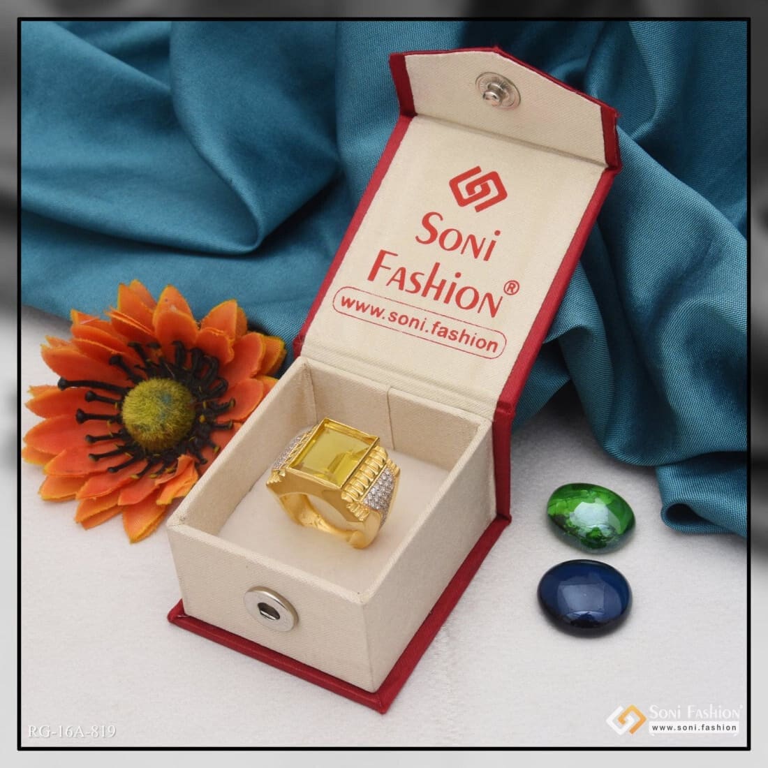 1 Gram Gold Plated Yellow Stone with Diamond Funky Design Ring for Men - Style A819 - Image 2