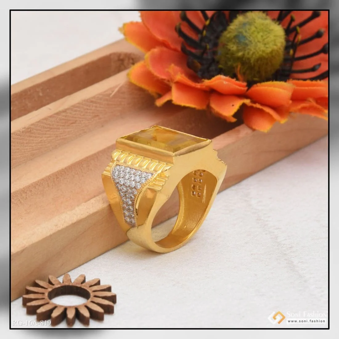 1 Gram Gold Plated Yellow Stone with Diamond Funky Design Ring for Men - Style A819 - Image 3