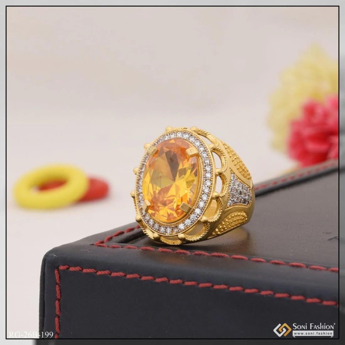 1 Gram Gold Plated Yellow Stone with Diamond Funky Design Ring for Men - Style B199 - Image 2