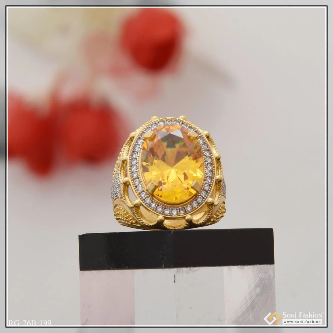 1 Gram Gold Plated Yellow Stone with Diamond Funky Design Ring for Men - Style B199 - Image 4