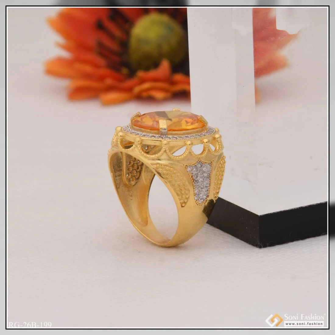 1 Gram Gold Plated Yellow Stone with Diamond Funky Design Ring for Men - Style B199 - Image 5