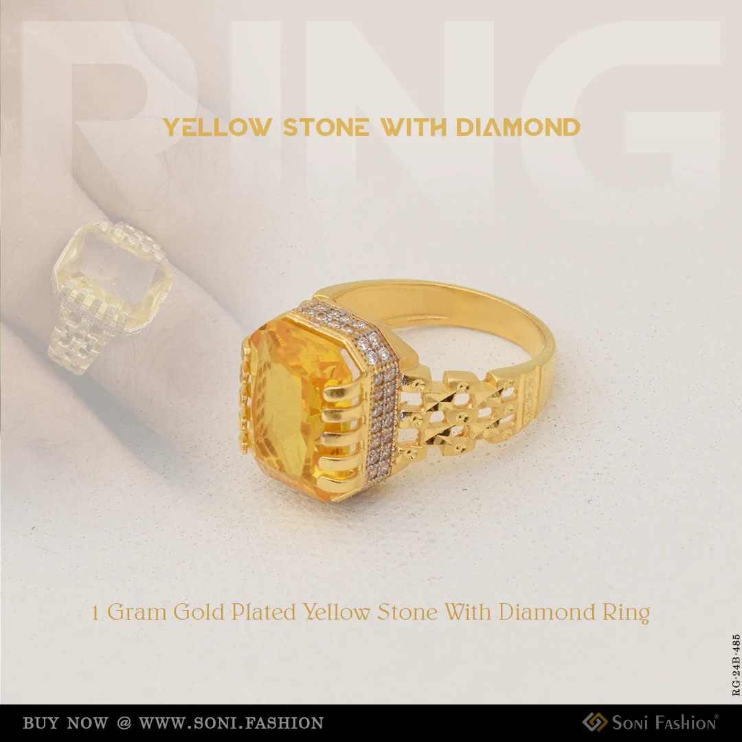 1 Gram Gold Plated Yellow Stone With Diamond Funky Design Ring For Men - Style B485
