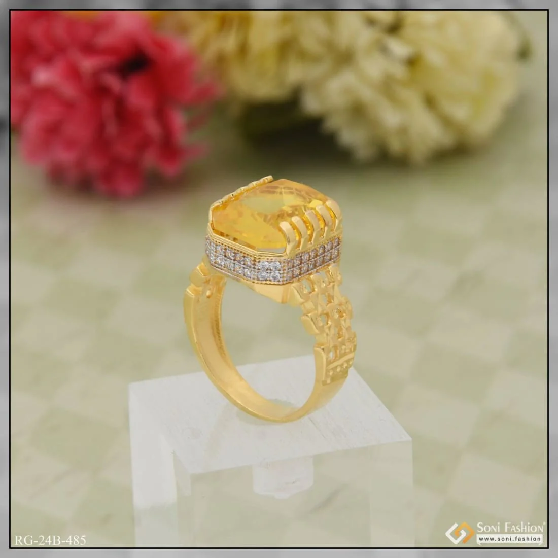 1 Gram Gold Plated Yellow Stone With Diamond Funky Design Ring For Men - Style B485 - Image 4
