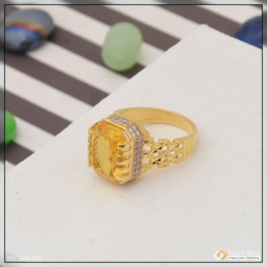 1 Gram Gold Plated Yellow Stone With Diamond Funky Design Ring For Men - Style B485 - Image 5