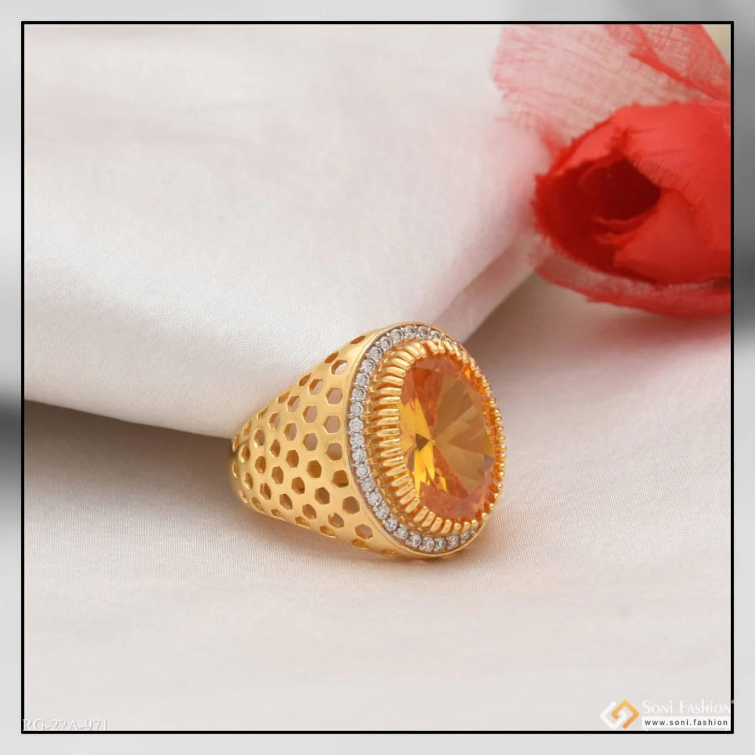 1 Gram Gold Plated Yellow Stone with Diamond Glamorous Design Ring - Style A971 - Image 2