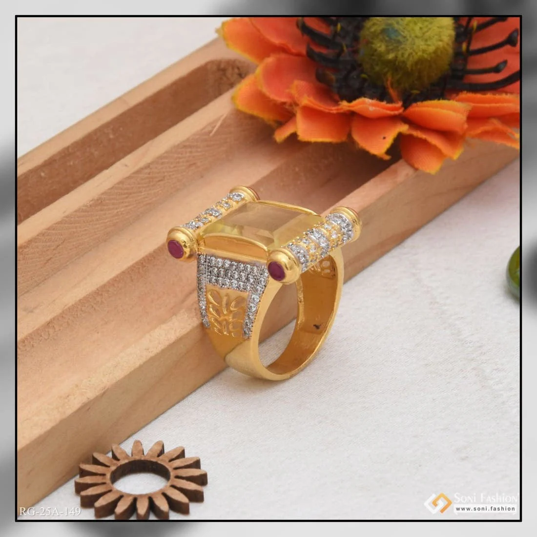 1 Gram Gold Plated Yellow Stone with Diamond Gold Plated Ring for Men - Style A149 - Image 2
