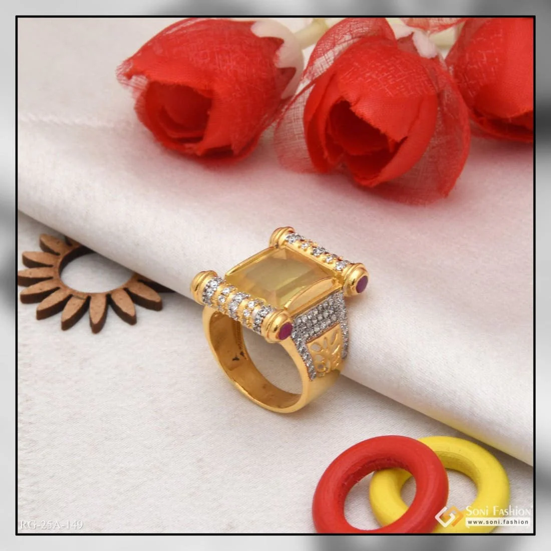 1 Gram Gold Plated Yellow Stone with Diamond Gold Plated Ring for Men - Style A149 - Image 3