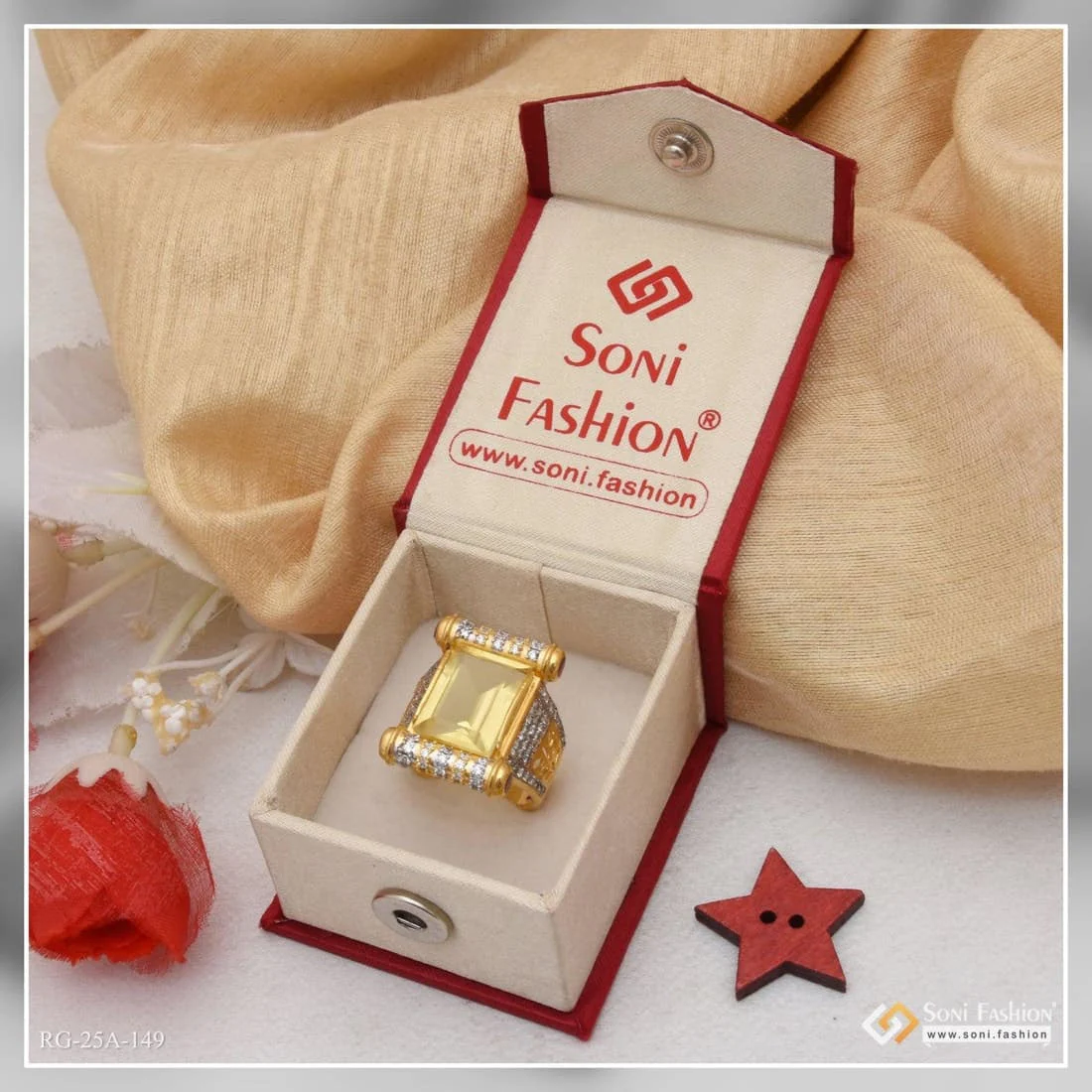 1 Gram Gold Plated Yellow Stone with Diamond Gold Plated Ring for Men - Style A149 - Image 4