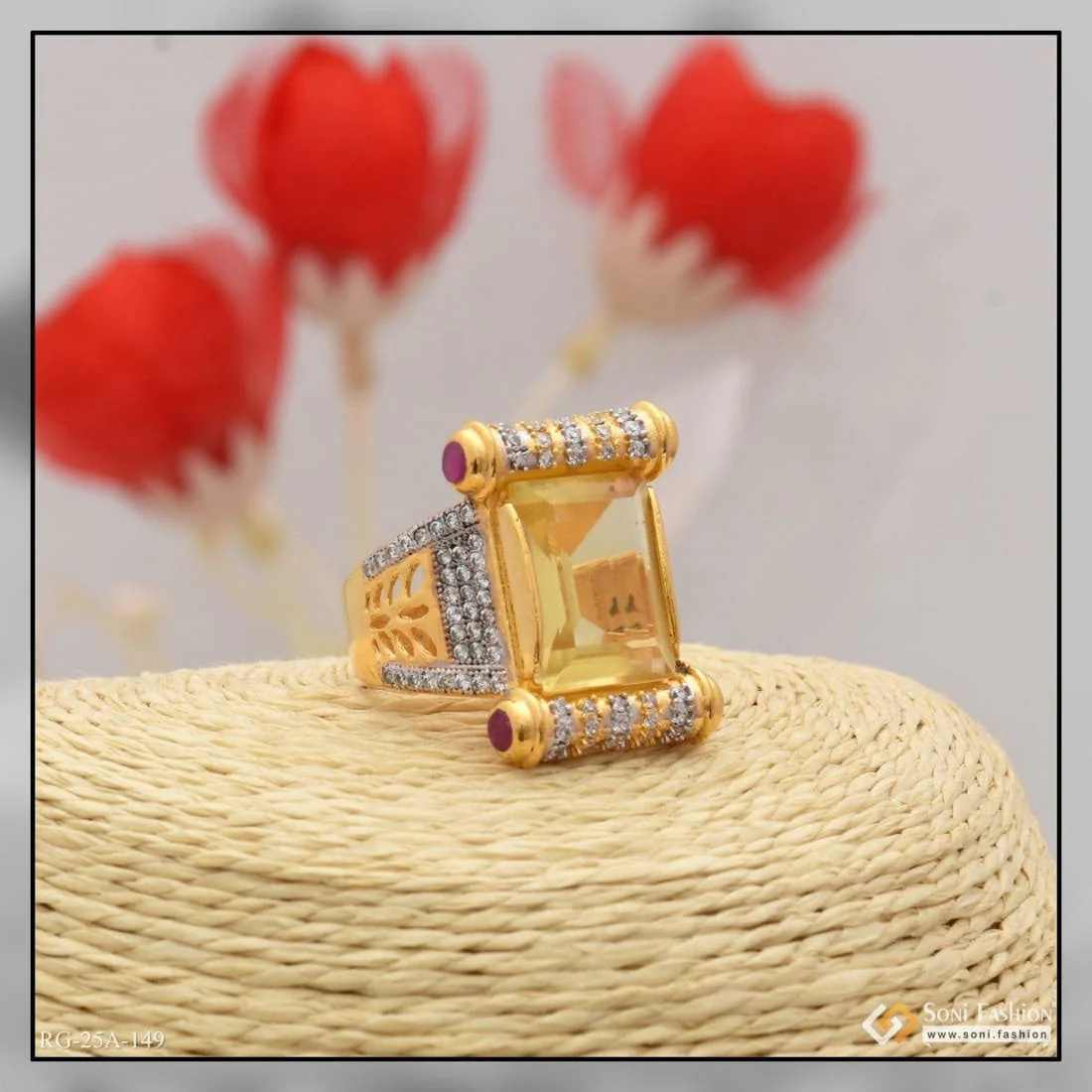 1 Gram Gold Plated Yellow Stone with Diamond Gold Plated Ring for Men - Style A149 - Image 5