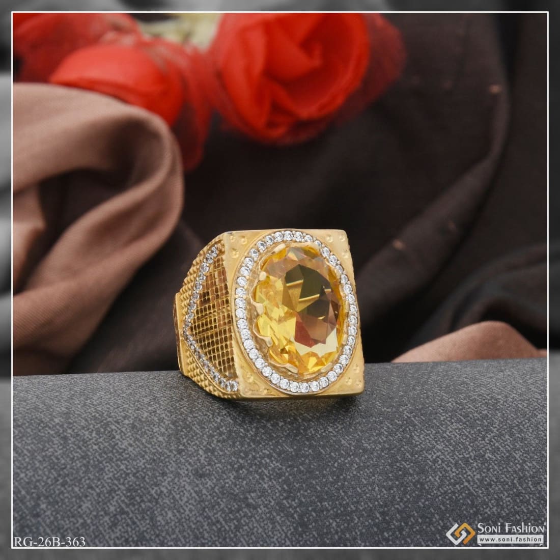 1 Gram Gold Plated Yellow Stone with Diamond Hand-Crafted Ring for Men - Style B363 - Image 2
