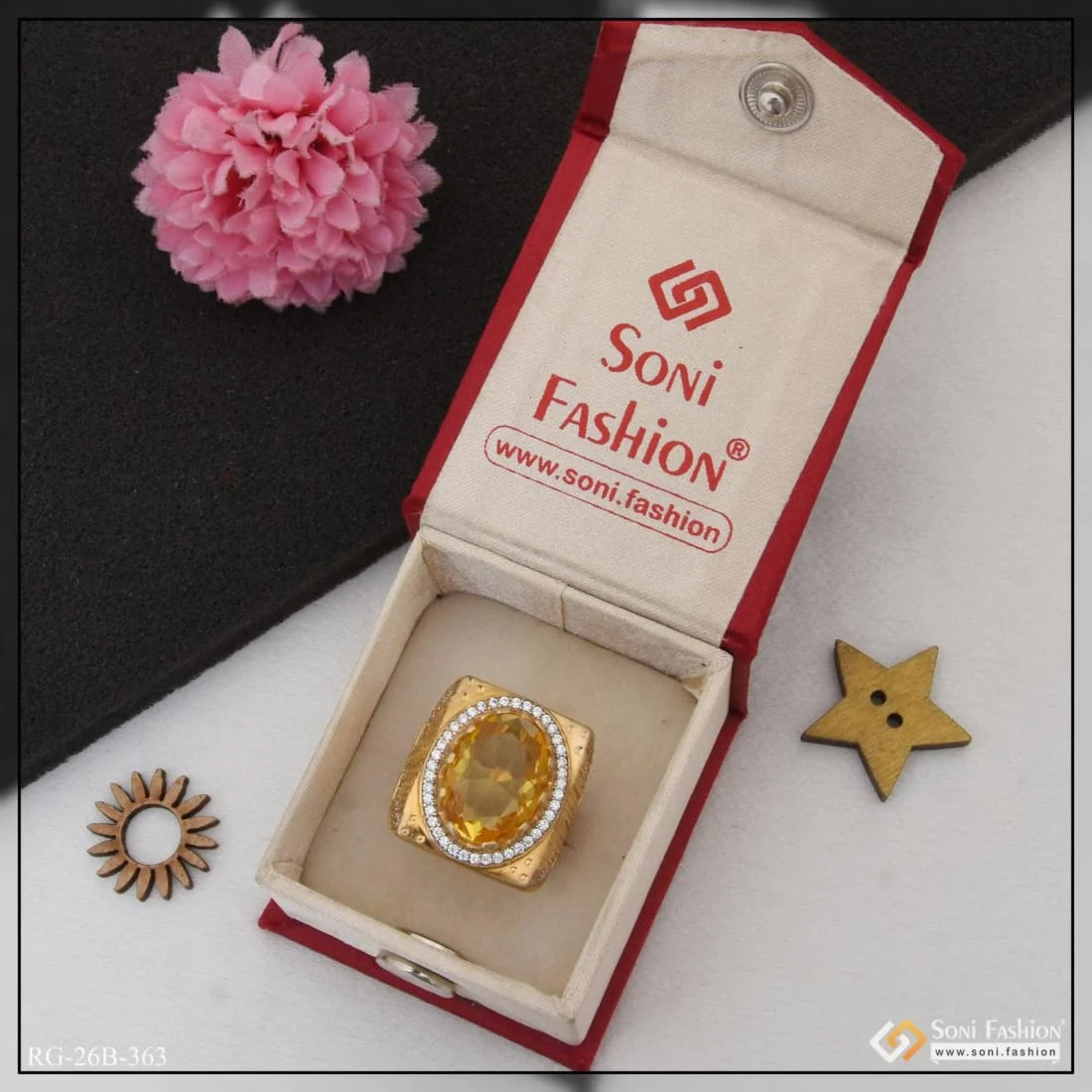 1 Gram Gold Plated Yellow Stone with Diamond Hand-Crafted Ring for Men - Style B363 - Image 3