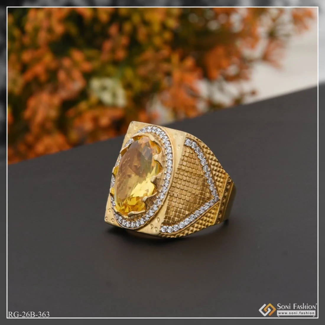 1 Gram Gold Plated Yellow Stone with Diamond Hand-Crafted Ring for Men - Style B363 - Image 4