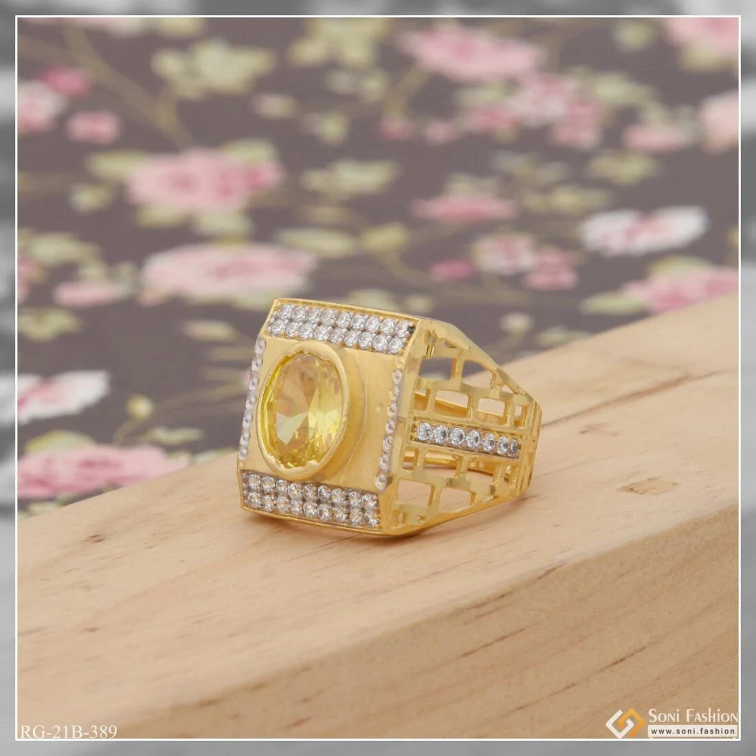 1 Gram Gold Plated Yellow Stone With Diamond Hand-crafted Ring For Men - Style B389 - Image 3