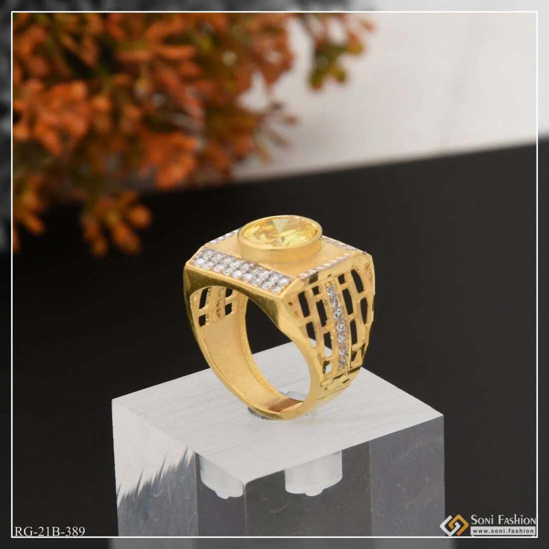 1 Gram Gold Plated Yellow Stone With Diamond Hand-crafted Ring For Men - Style B389 - Image 5