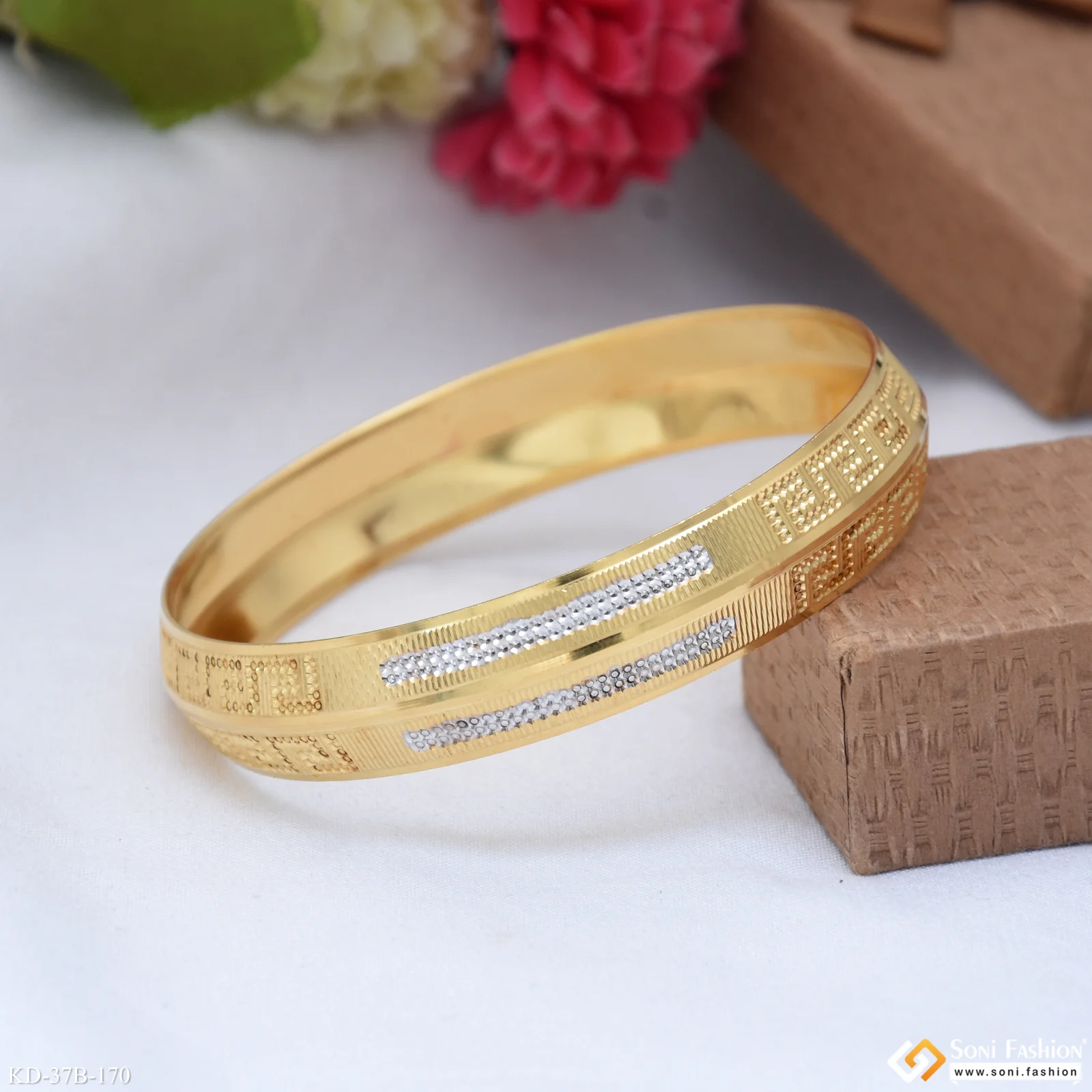 1 Gram Gold Plated Zig Zag Amazing Design Punjabi Kada for Men - Style B170 - Image 5