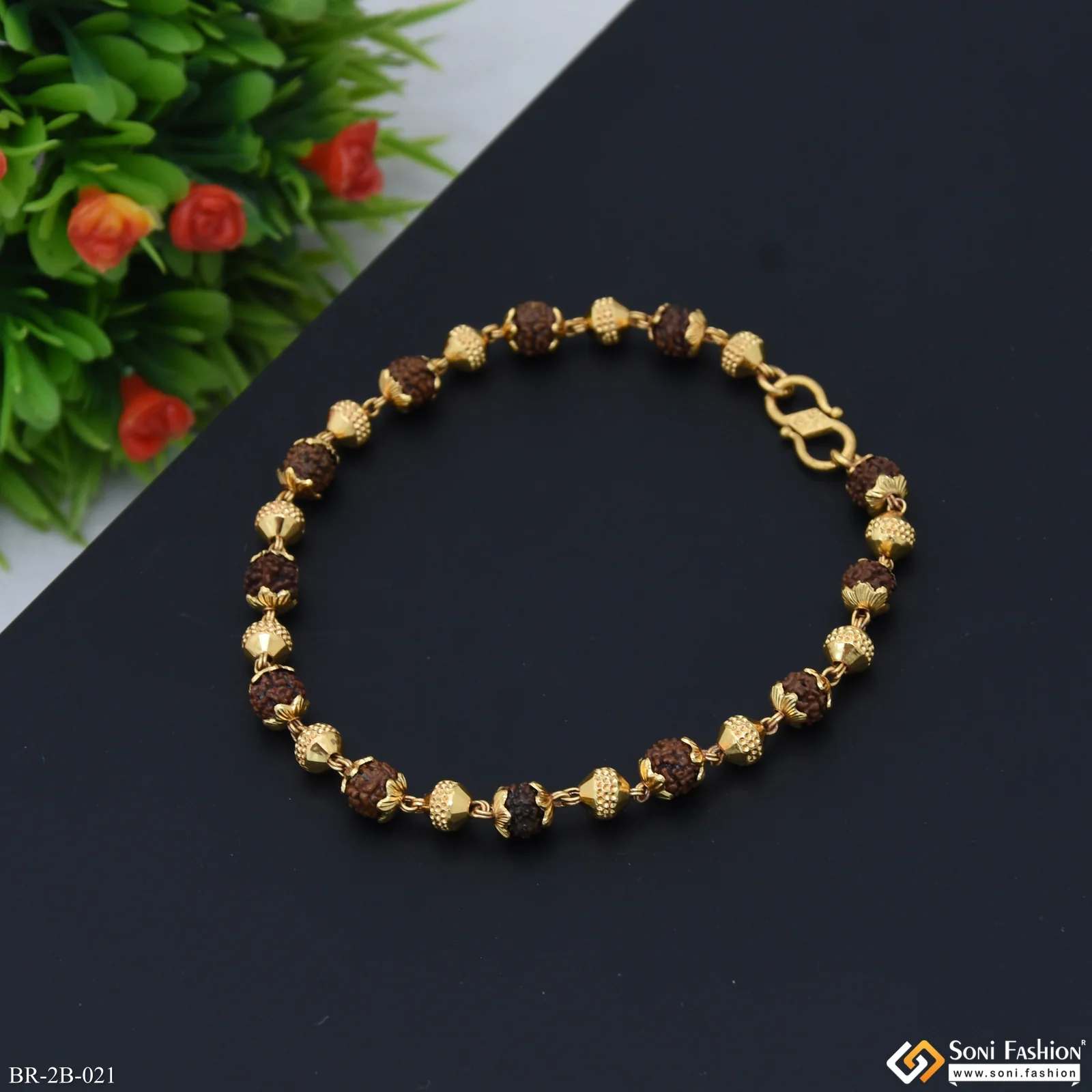 2 In 1 Golden Ball & Rudraksha Chic Design Superior Quality Gold Plated Bracelet - Style B021 - Image 6
