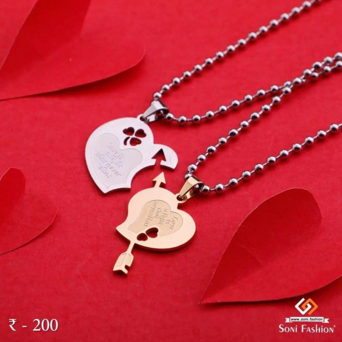 2 Heart with Arrow Couple Chain Pendant Set - Stainless Steel - Valentine Day - Style A010 - Image 3