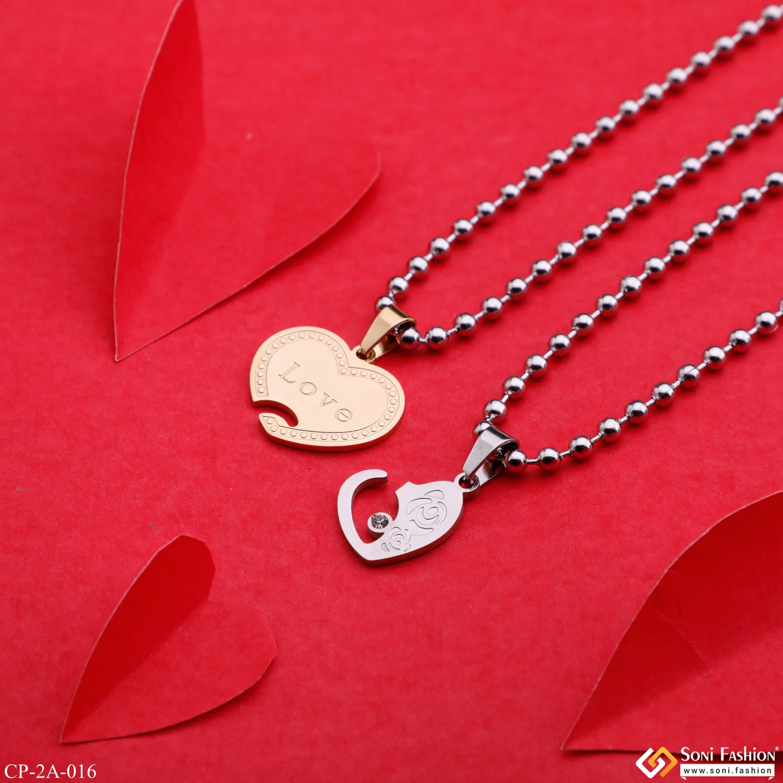 2 heart with diamonds for his and hers lover couple chain with pendant for gift - Style A016 - Image 5