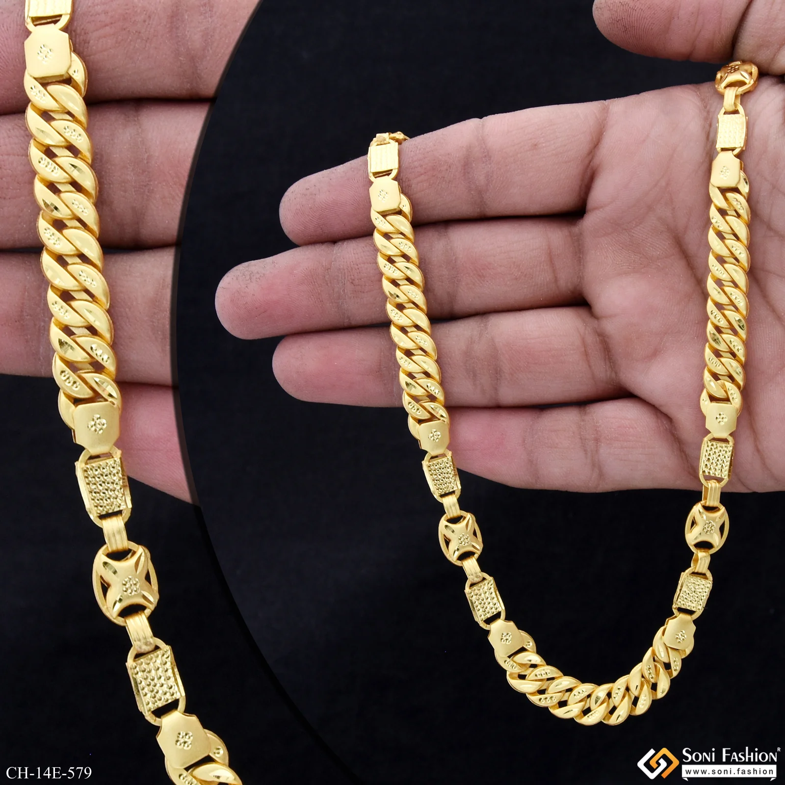 2 In 1 Glittering Design Gold Plated Pokal Chain for Men - Style E579 - Image 2