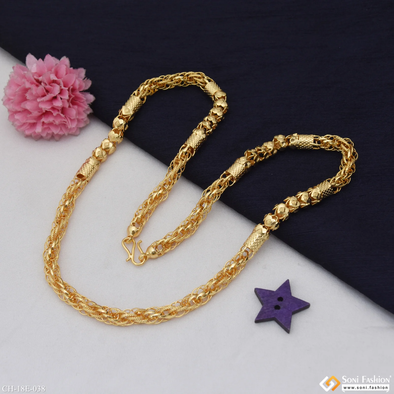 2 In 1 Glittering Design Gold Plated Rassa Chain for Men - Style E038 - Image 5