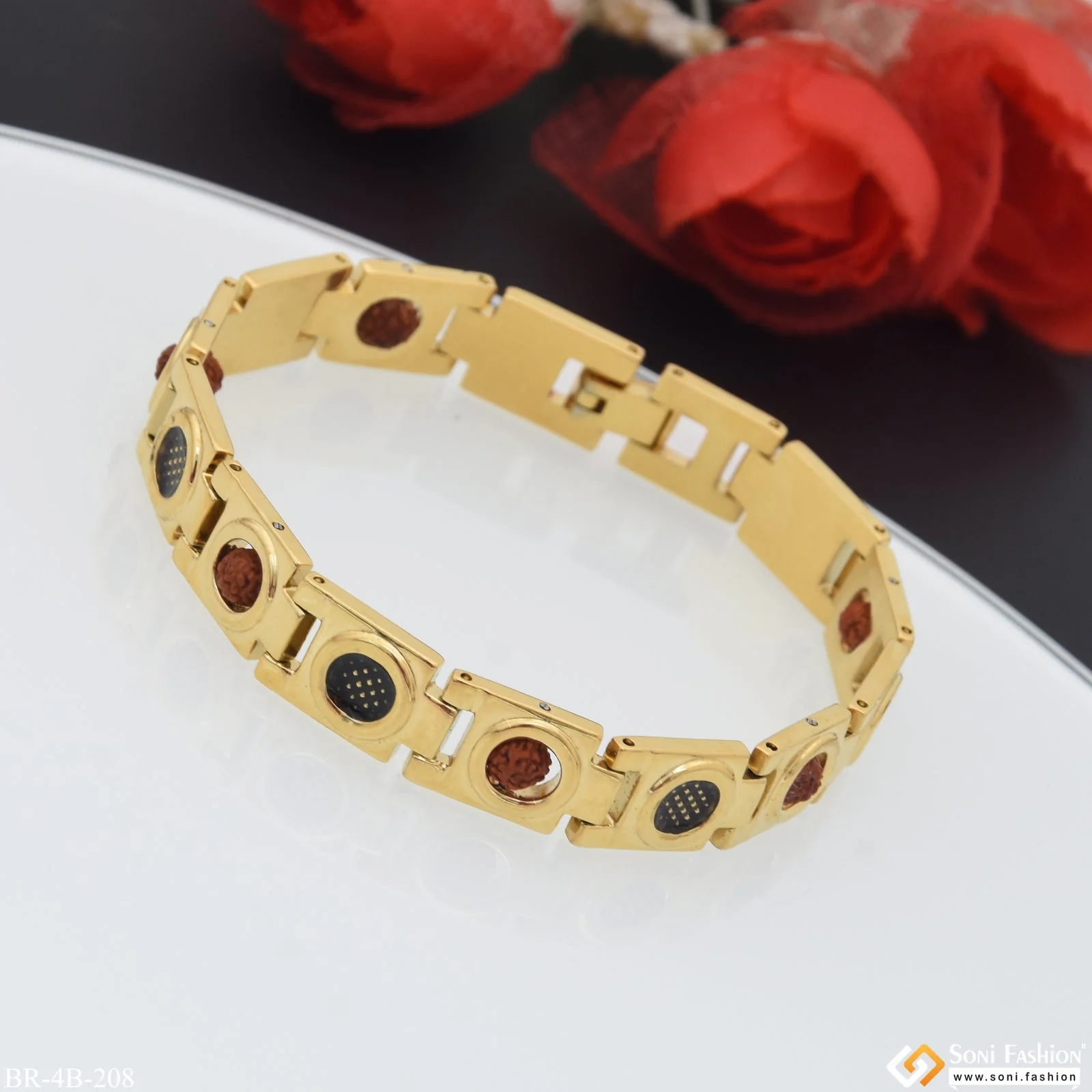 2 In 1 Rudrakhsha Fashionable Design Black & Golden Color Bracelet - Style B208 - Image 4