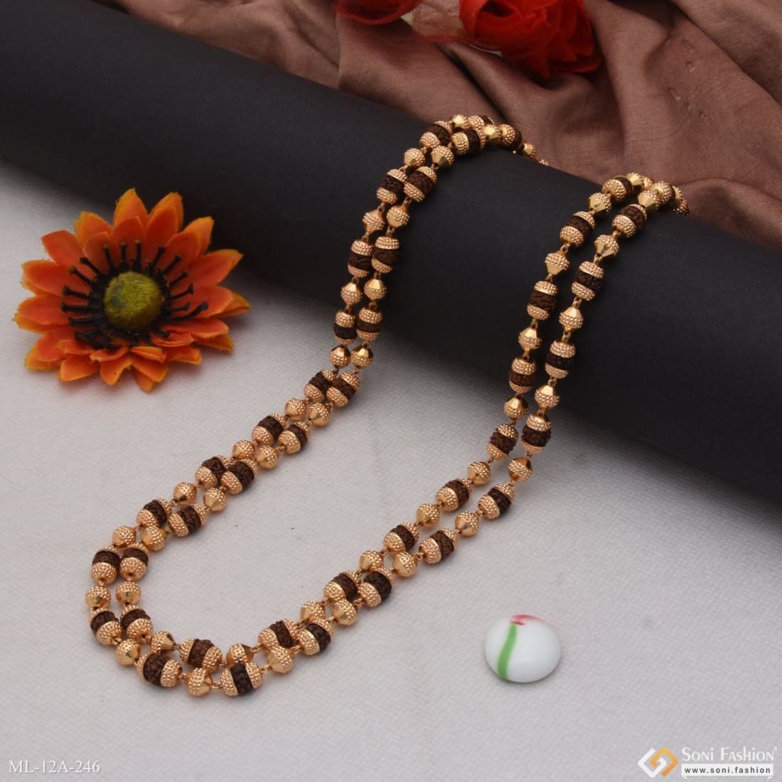 2 in 1 Stylish Design Best Quality Gold Plated 2 line Rudraksha Mala - Style A246 - Image 2
