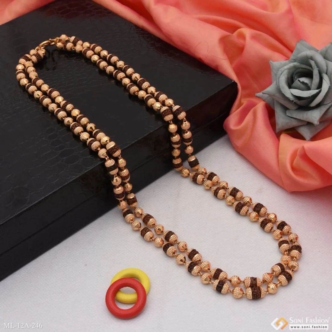 2 in 1 Stylish Design Best Quality Gold Plated 2 line Rudraksha Mala - Style A246 - Image 3