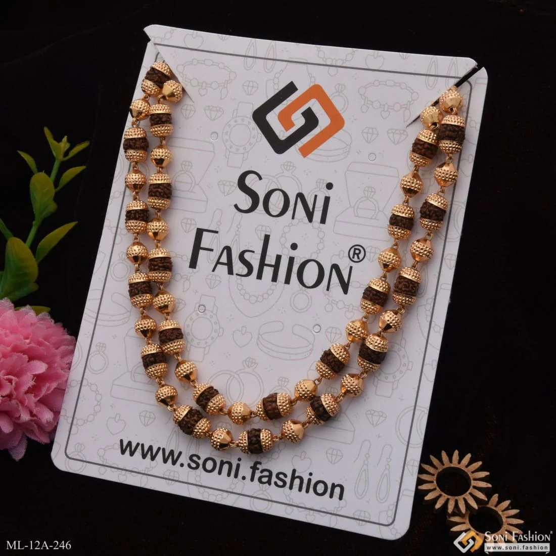 2 in 1 Stylish Design Best Quality Gold Plated 2 line Rudraksha Mala - Style A246 - Image 4