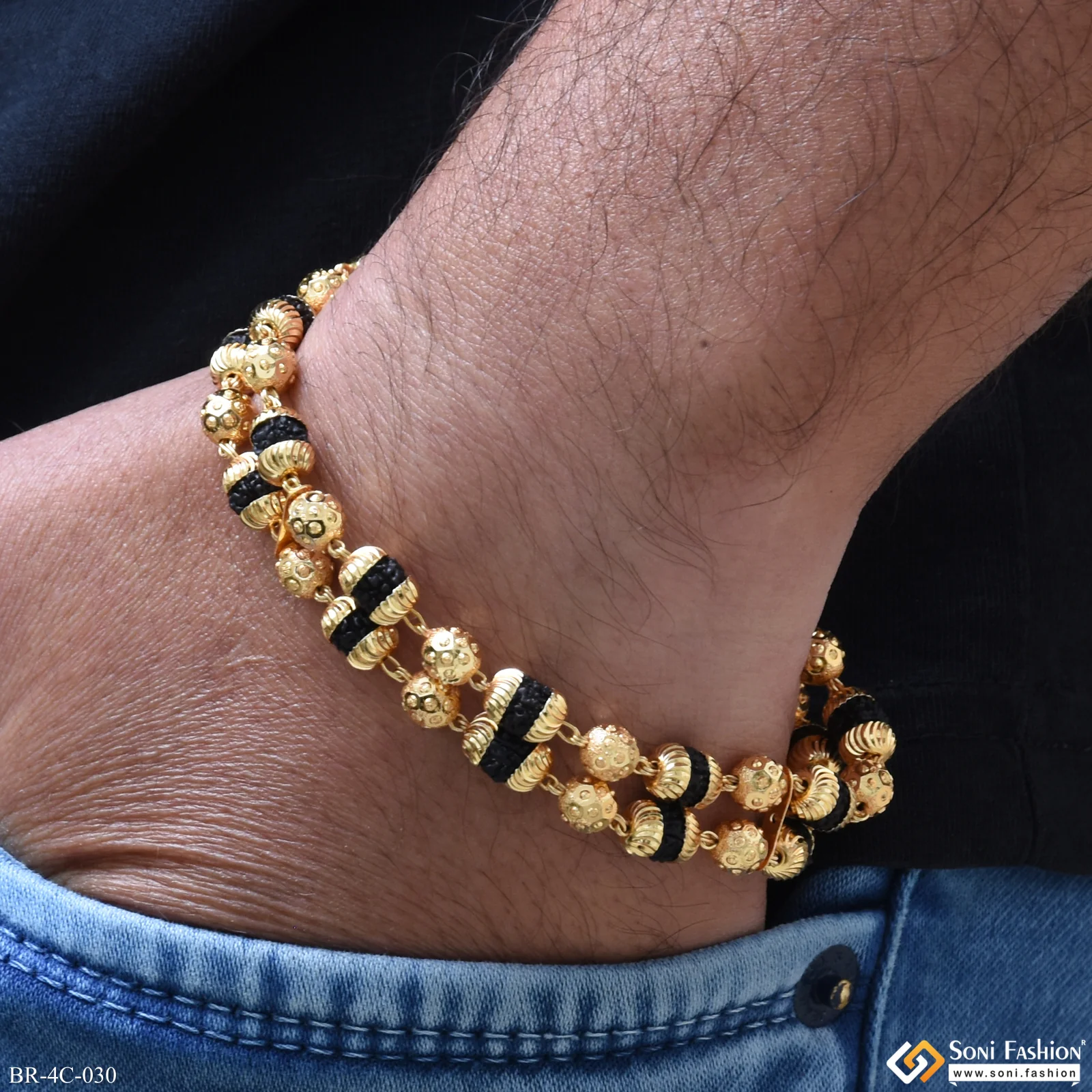 2 Line Attention-Getting Design Gold Plated Rudraksha Bracelet for Men - Style C030
