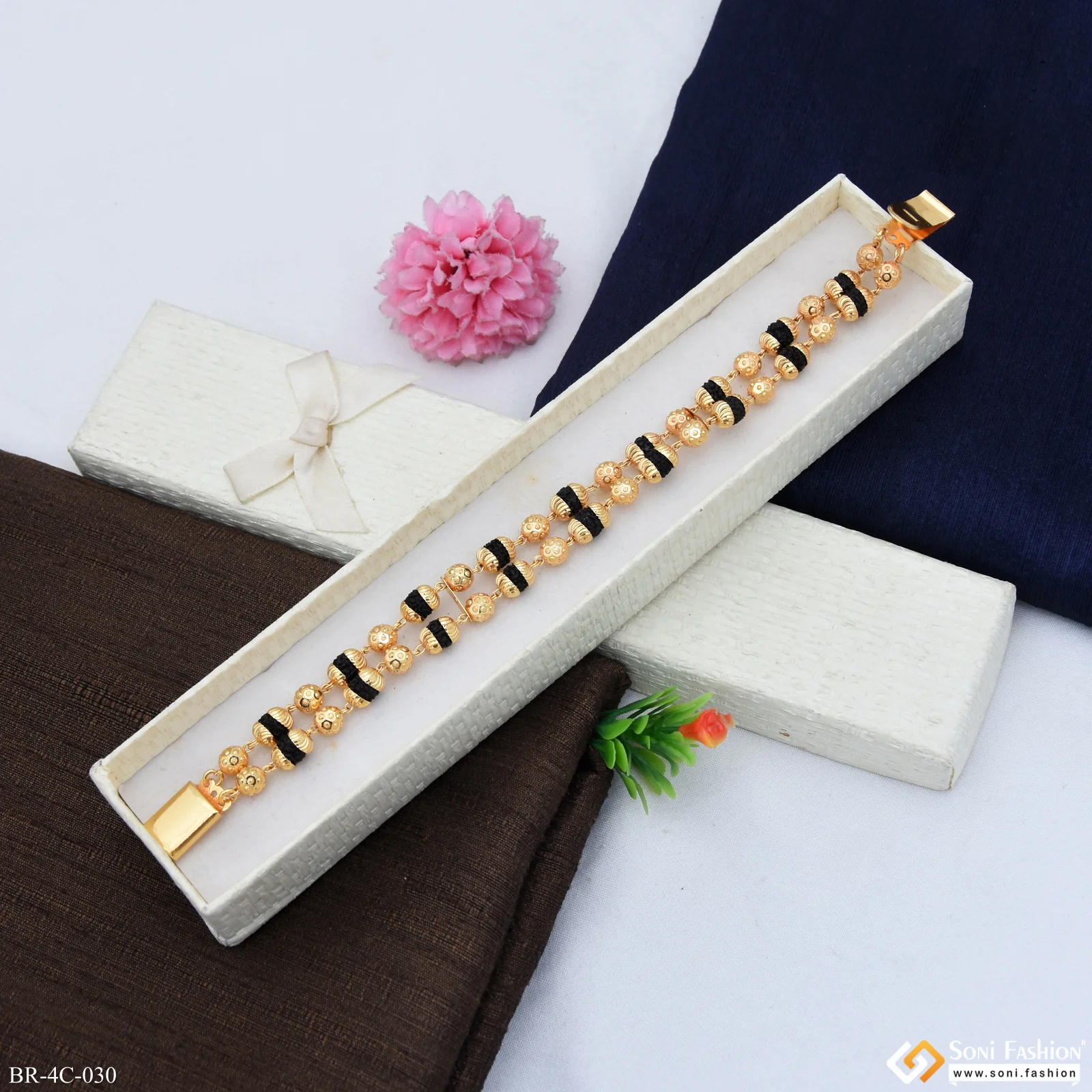 2 Line Attention-Getting Design Gold Plated Rudraksha Bracelet for Men - Style C030 - Image 2