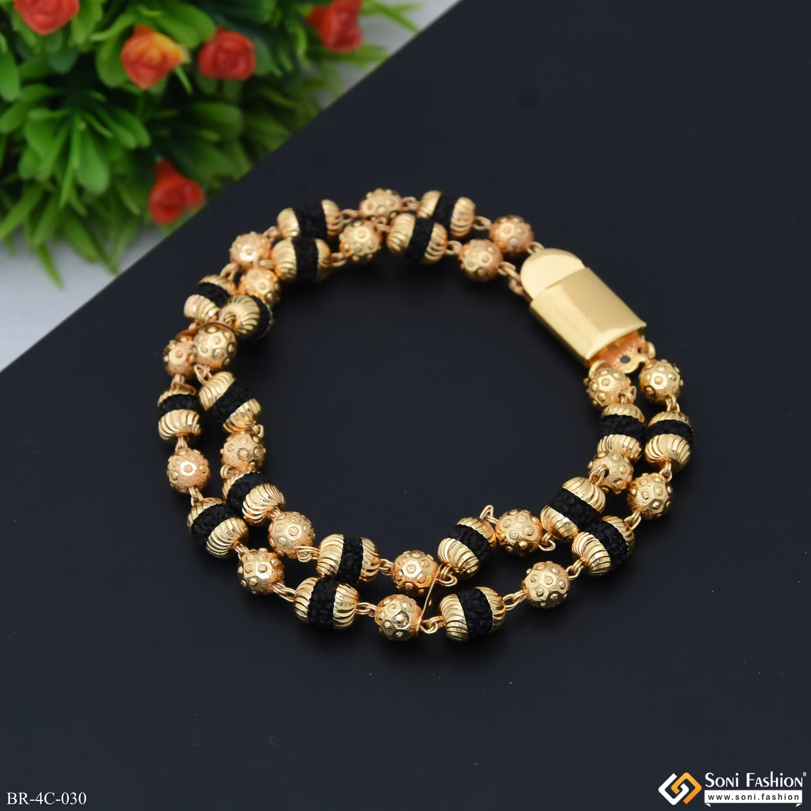 2 Line Attention-Getting Design Gold Plated Rudraksha Bracelet for Men - Style C030 - Image 4