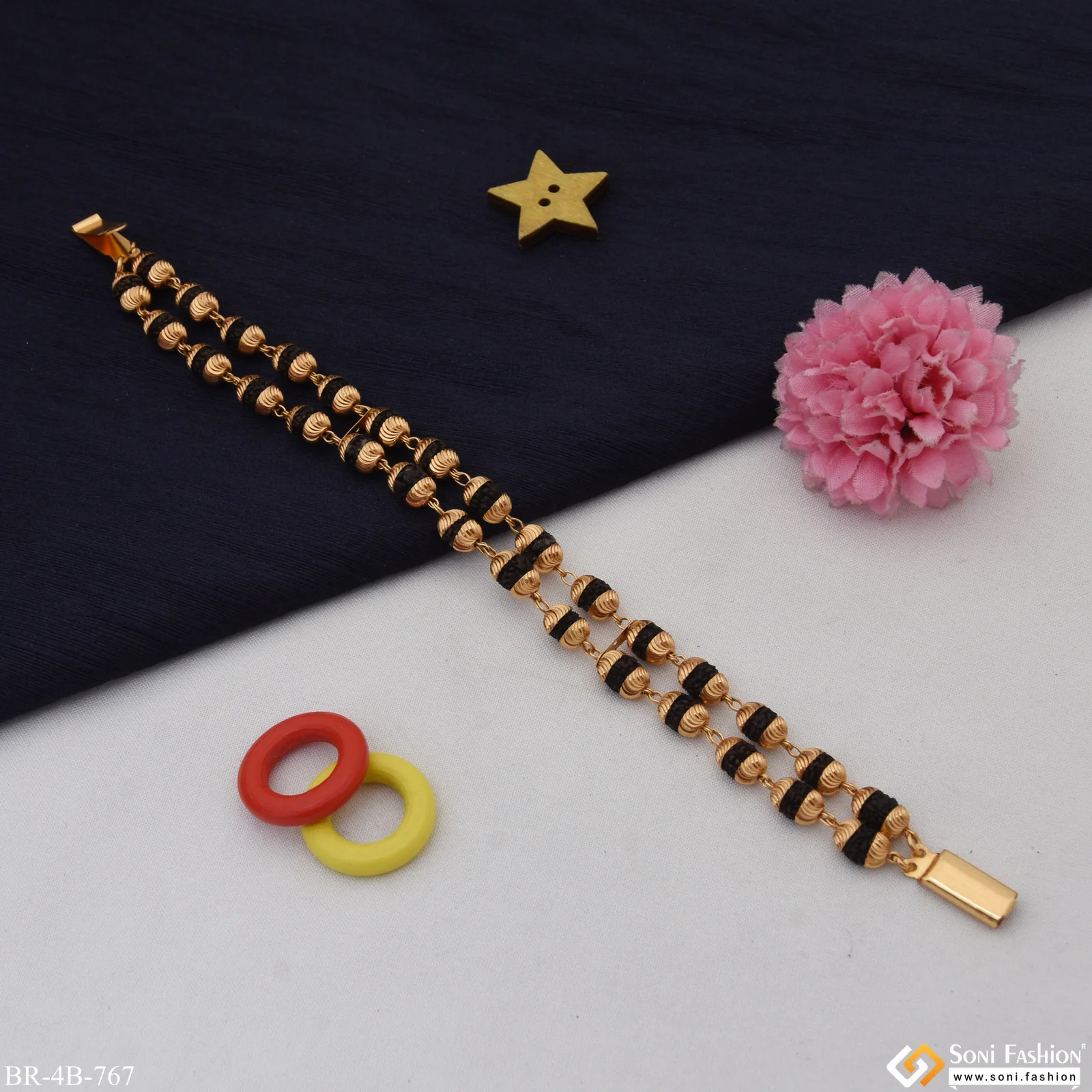 2 Line Best Quality Attractive Design Gold Plated Rudraksha Bracelet - Style B767 - Image 3