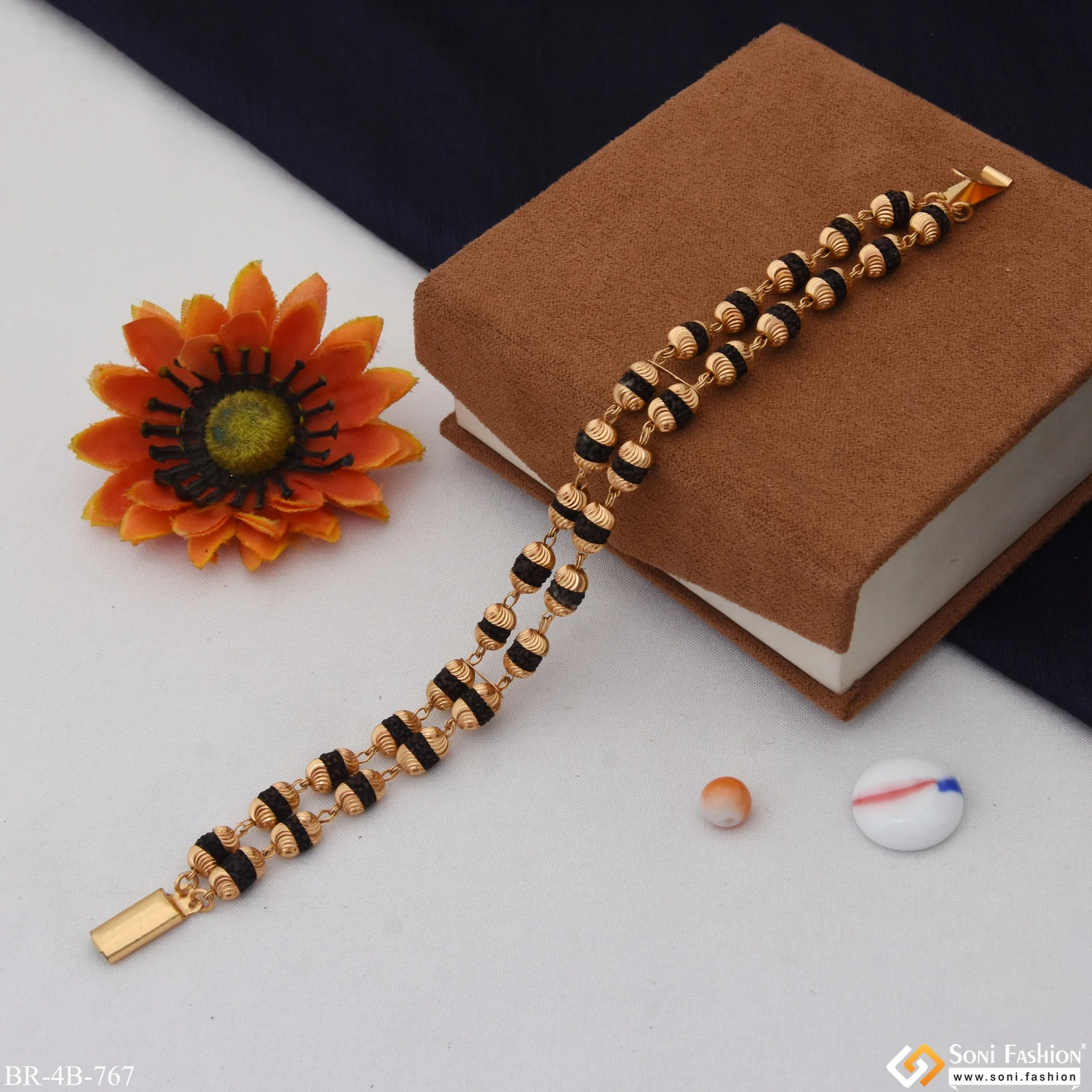 2 Line Best Quality Attractive Design Gold Plated Rudraksha Bracelet - Style B767 - Image 4