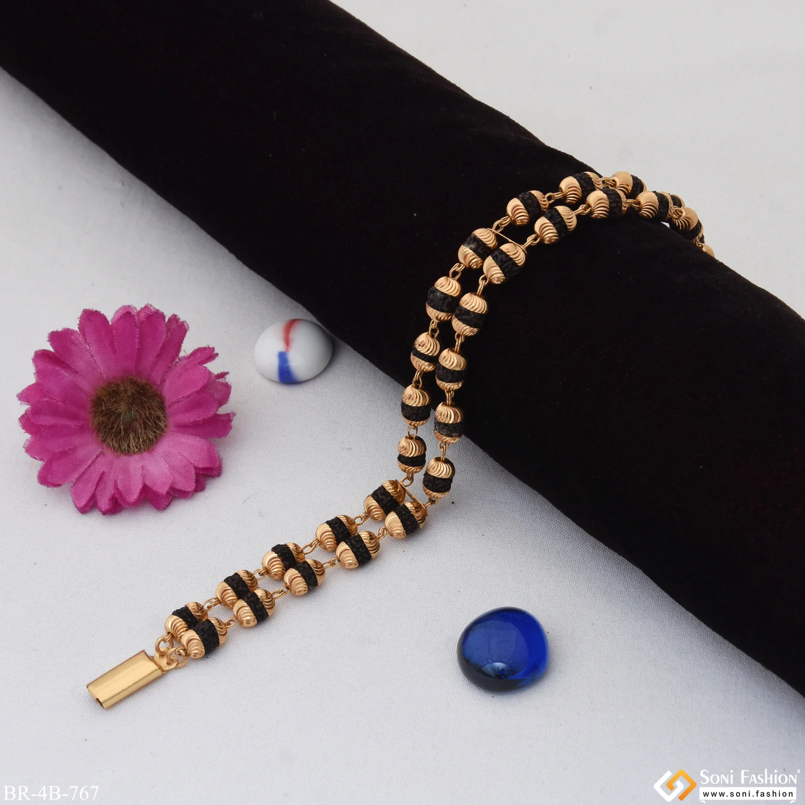 2 Line Best Quality Attractive Design Gold Plated Rudraksha Bracelet - Style B767 - Image 6