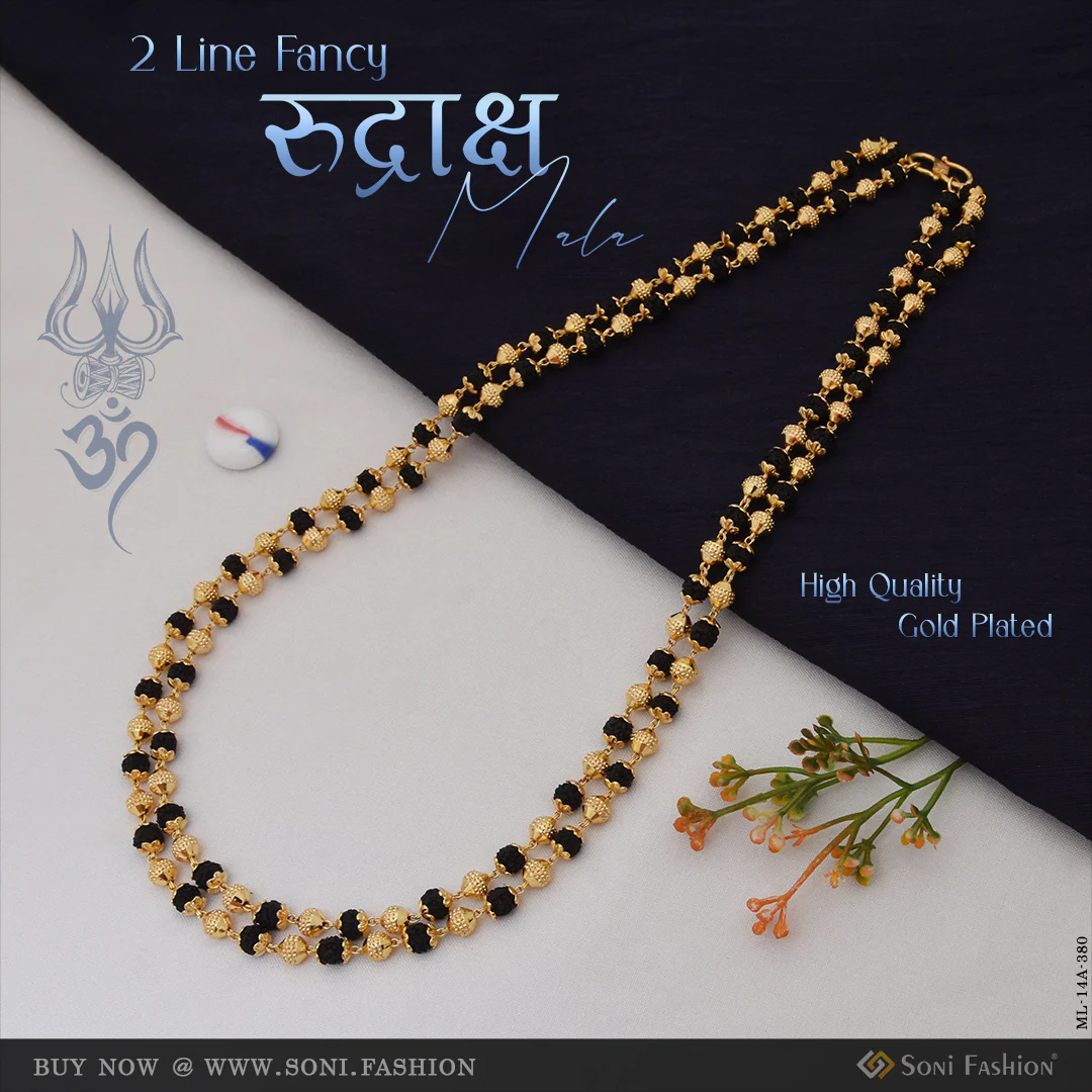 2 Line Fancy Design High-Quality Gold Plated Rudraksha Mala for Men - Style A380